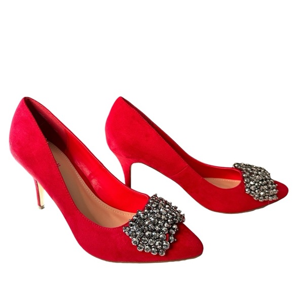JustFab | Red Embellished Silver Bow Heels Size 11 NWOT - Picture 1 of 11